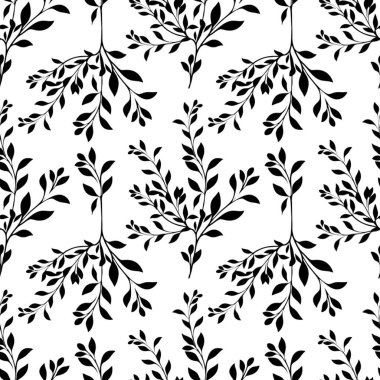 Gıcır gıcır beyaz bir zemin üzerinde pürüzsüz desensiz siyah yapraklı dallar, tekstil, duvar kağıdı veya grafik tasarım projeleri için mükemmel.