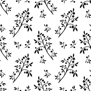 Seamless pattern Black leafy branches on a crisp white background, perfect for textile, wallpaper, or graphic design projects clipart