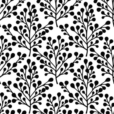 Gıcır gıcır beyaz bir zemin üzerinde pürüzsüz desensiz siyah yapraklı dallar, tekstil, duvar kağıdı veya grafik tasarım projeleri için mükemmel.