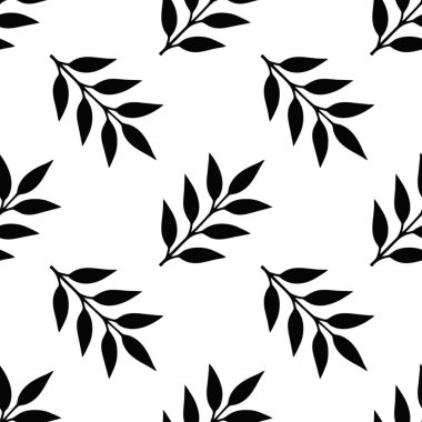 Black leafy branches seamless pattern on a crisp white background, perfect for textile, wallpaper, or graphic design projects clipart