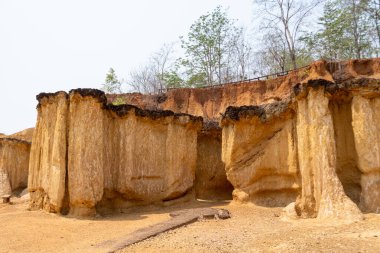 Phrae, Tayland 'daki Phae Mueang Phi Orman Parkı' nda çarpıcı kaya oluşumları. Doğal erozyonla şekillenen sert kumtaşı sütunlarıyla eşsiz bir jeolojik mucize..