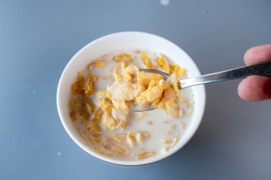 Bir kaşık, süte batırılmış gevrek mısır gevreğini kaseden kaldırıyor. Lezzetli ve klasik bir kahvaltı anı. Yemek, beslenme ve sağlıklı beslenme kavramları için mükemmel..