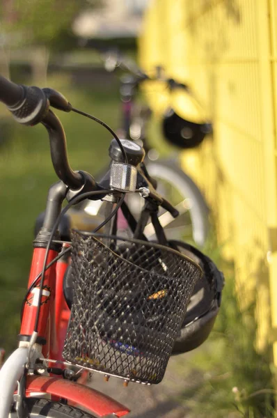 Two bicycles next to a yellow fence in the sunlight. Bikes with baskets and helmets in a green park with grass and trees in the background on a warm and sunny summer day.