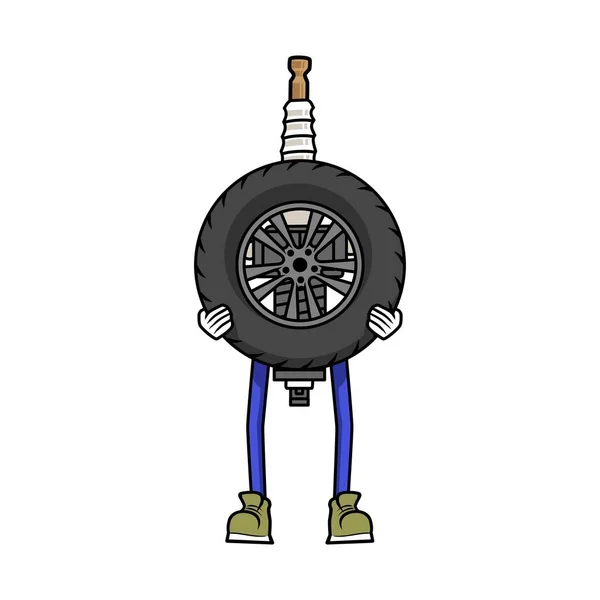 Cartoon Character Spark Plug Lifting Car Wheel Tire Service Concept — Stock Vector