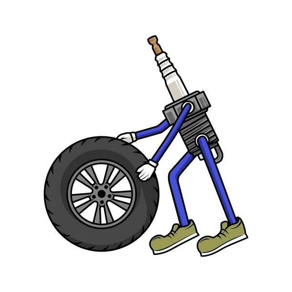 Cartoon Character Spark Plug Working Mechanic Tire Service Concept Illustration — Stock Vector