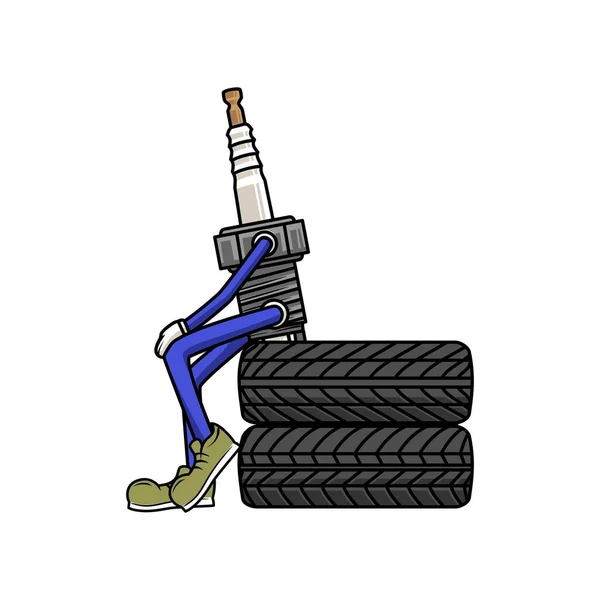 Zeichentrickfigur Der Zündkerze Die Als Mechaniker Arbeitet Illustration Zum Reifenservice — Stockvektor