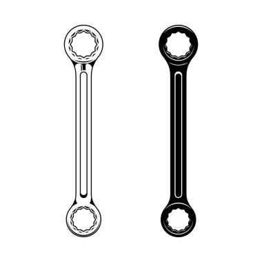 İngiliz anahtarı vektör simgesinin siyah beyaz çizimi. Mekanik araç koleksiyonları.