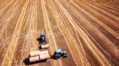 erial manzara modern tarım ekipmanları, makineler, traktör hasat buğday tarlası. Mevsimlik işler. İHA atışı. Yukarıdan gelen tarlalar