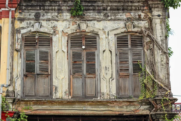 Magnifiques Fenêtres Bois Vintage Ruine Une Ancienne Maison Commerce Chinoise — Photo