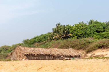 Candolim, Goa, Hindistan - Ocak 2023: Sinquerim 'de sakin bir tropikal plajda saman kulübesi.
