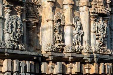 Belur, Karnataka 'daki antik Hoysala döneminden kalma Chennakeshava tapınağındaki Hindu tanrılarının oymaları..