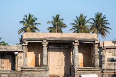 Belur, Karnataka 'daki antik Chennakeshava tapınağında palmiye ağaçlarıyla çevrili taş bir yapı..