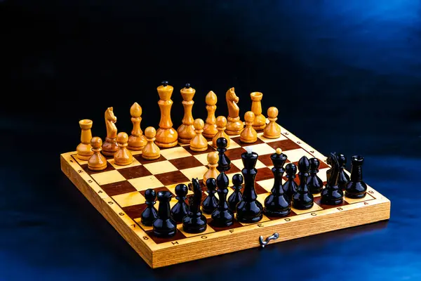 Satranç tahtasındaki tahta satranç taşları. Entelektüel oyun - Satranç. Tahtadaki satranç taşları. Bir satranç oyunu
