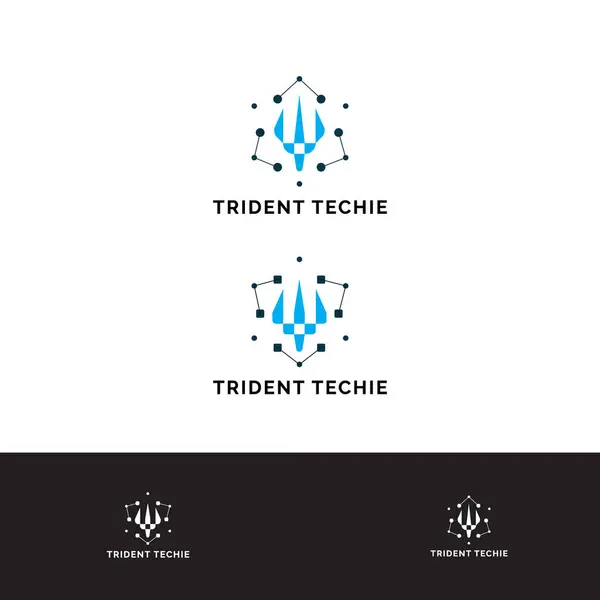 Nokta bağlantılı simge logo illüstrasyonlu Poseidon Personeli ile Trident Techie logo tasarımı