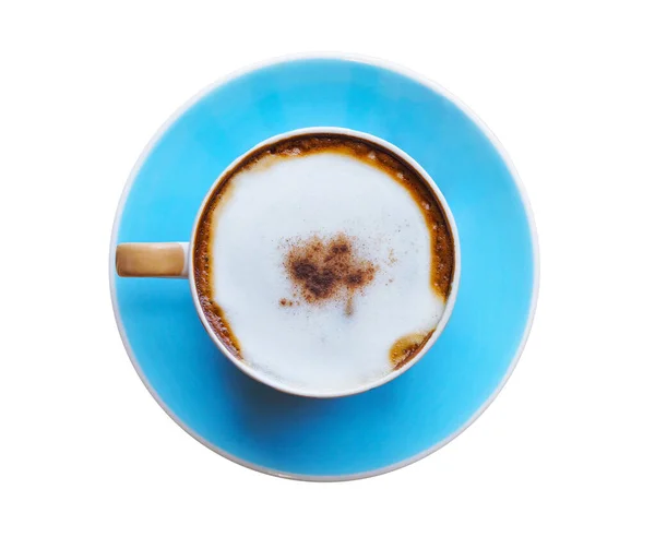 Chiudi Tazza Caffè Cappuccino Blu Con Superficie Schiuma Latte Cucchiaio — Foto Stock