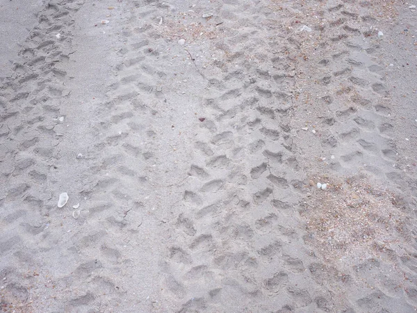 Wheel tread marks in the sand on the beach. Tire track mark pattern.