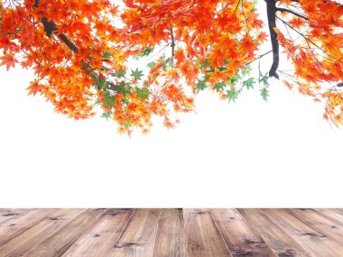 Wooden table top over orange maple leaves in autumn. Thanksgiving background. Montage style to display the product. 