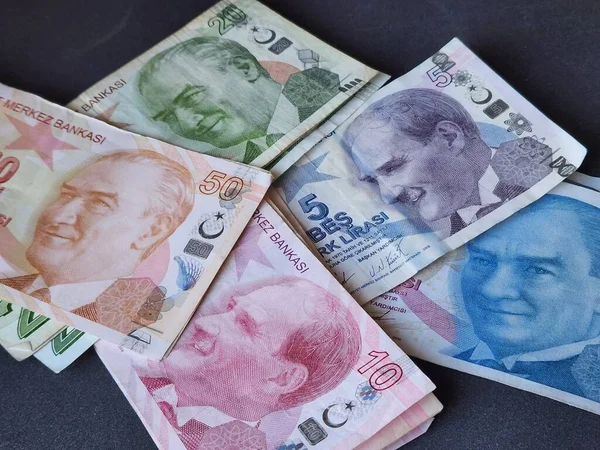 Stacked Turkish Banknotes Different Denomination Table — Stock Photo, Image