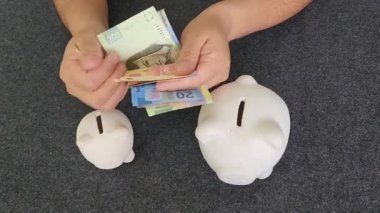hands of a woman counting mexican bills and putting them in two piggy banks