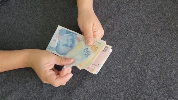 Hands Woman Holding Counting Turkish Banknotes — Vídeo de stock