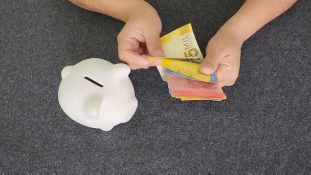 一个女人的手在数着哥斯达黎加的钞票 然后把它们放进储蓄罐 — 图库视频影像