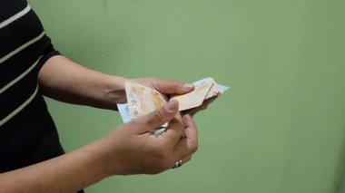 hands of a woman holding and counting turkish banknotes