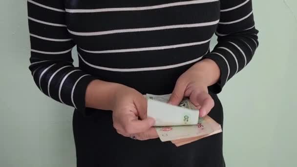 Handen Van Een Vrouw Die Uruguayaanse Bankbiljetten Aanhoudt Telt — Stockvideo