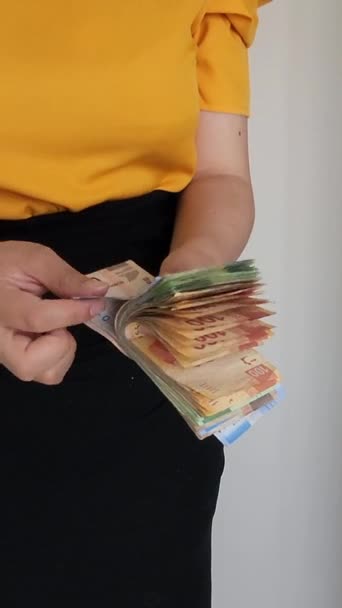 Különböző Címletű Mexikói Bankjegyeket Számoló Keze — Stock videók