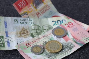 istiflenmiş Meksika banknotları ve farklı değerlerde paralar