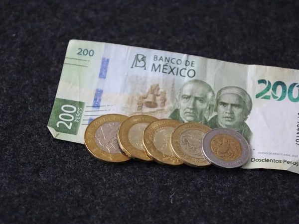 Monete Messicane Diverso Taglio Banconote 200 Pesos — Foto Stock