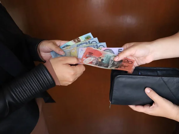 Hands Two Women Paying Australian Banknotes Receiving Keep Wallet — Stock Photo, Image