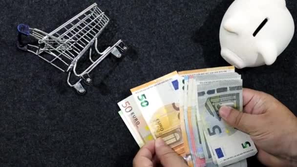 Χέρια Ανθρώπου Που Μετράει Ευρωπαϊκά Τραπεζογραμμάτια Καλάθι Αγορών Και Κουμπαρά — Αρχείο Βίντεο