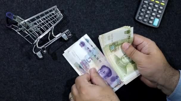 Manos Hombre Que Cuenta Billetes Chinos Con Carrito Compra Calculadora — Vídeo de stock