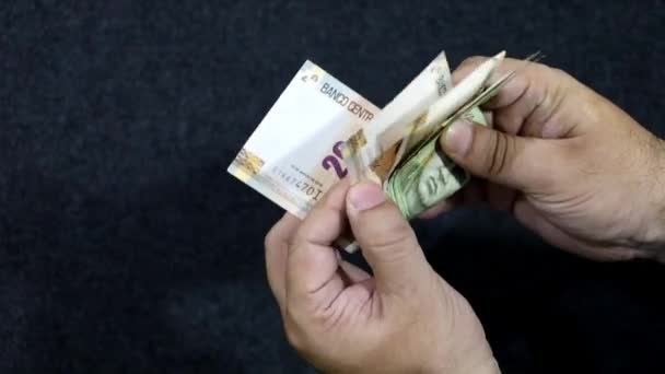 Manos Hombre Sosteniendo Contando Billetes Perú — Vídeo de stock