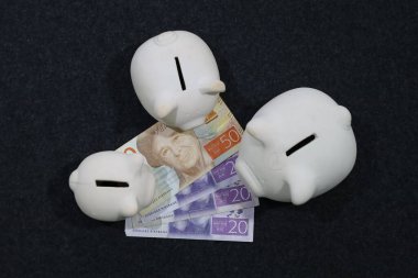 İsveç banknotları ve farklı boyutlarda kumbaralar.