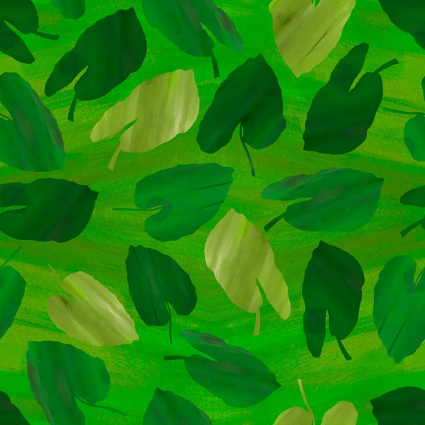 Abstraktní Bezešvý Vzor Siluetami Zelených Rostlinných Listů Gouache Texturou — Stock fotografie