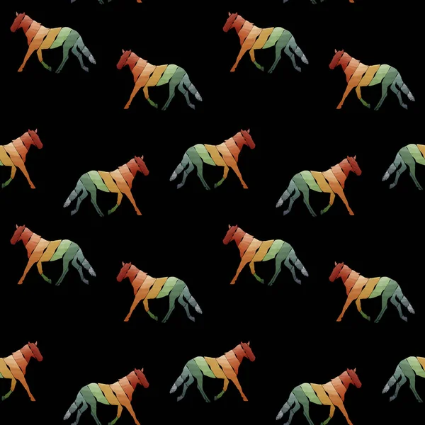 さまざまな色および質の抽象的な馬のシルエットが付いているシームレスなパターン設計 — ストック写真