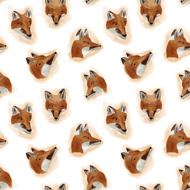 Çizgi film stili kırmızı tilki yüzleri ve suluboya desenli kusursuz desen tasarımı
