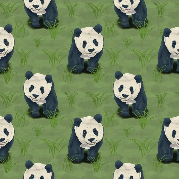 Bezszwowy Wzór Projekt Kreskówki Panda Niedźwiedzie Akwarela Tekstury Dekoracji — Zdjęcie stockowe