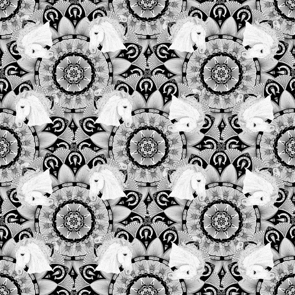 Цифровой Бесшовный Рисунок Сложенных Мандал Лошадиными Головами Черно Белых Цветах — стоковое фото