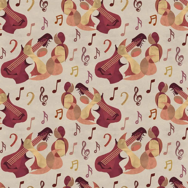 Digital Seamless Pattern Abstract Drawing Style Guitar Player Brown Colors — Stock Photo, Image