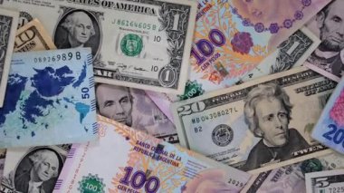 Arjantin banknotları ve Amerikan doları banknotları.