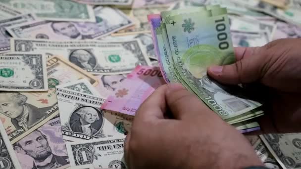 Händer Räkna Chile Sedlar Och Suddig Bakgrund Med Amerikanska Dollarsedlar — Stockvideo