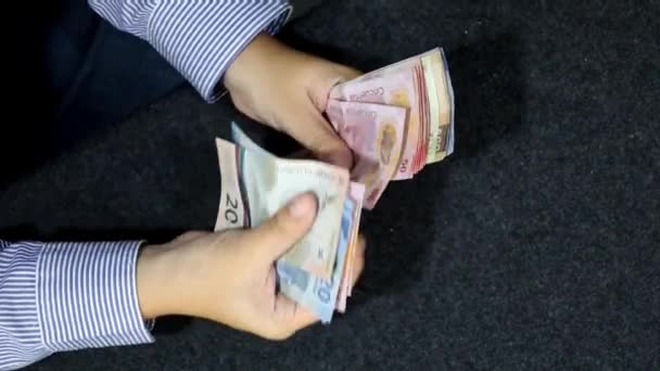 Mani Una Donna Che Conta Banconote Messicane Diverse Denominazioni Vista — Video Stock