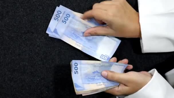 Manos Una Mujer Contando Billetes Mexicanos Diferentes Denominaciones — Vídeo de stock
