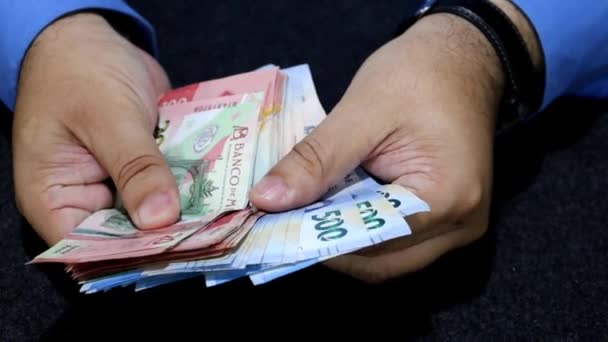 Ruce Muže Držícího Mexické Bankovky Různých Nominálních Hodnot — Stock video