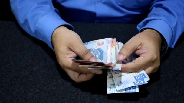 Руки Человека Держащего Считающего Мексиканские Банкноты Разных Номиналов — стоковое видео