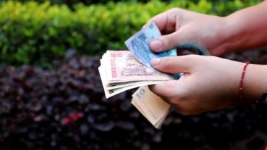 Arjantin banknotlarını farklı değerlerde tutan ve sayan bir kadının elleri