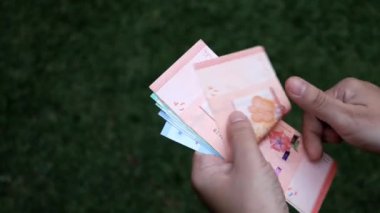 Malezya banknotlarını farklı değerlerde tutan ve sayan bir kadının elleri