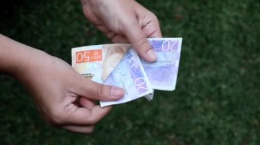 Bahçede İsveç banknotlarını tutan ve sayan bir kadının elleri